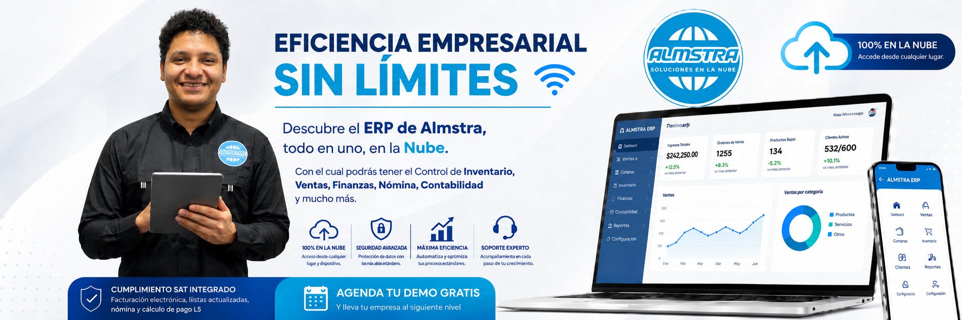 ALMSTRA ERP en la nube — eficiencia empresarial sin límites: control de inventario, ventas, finanzas, nómina y contabilidad con cumplimiento SAT integrado